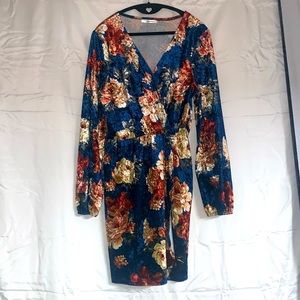 Crushed Velvet Floral Wrap Style Dress